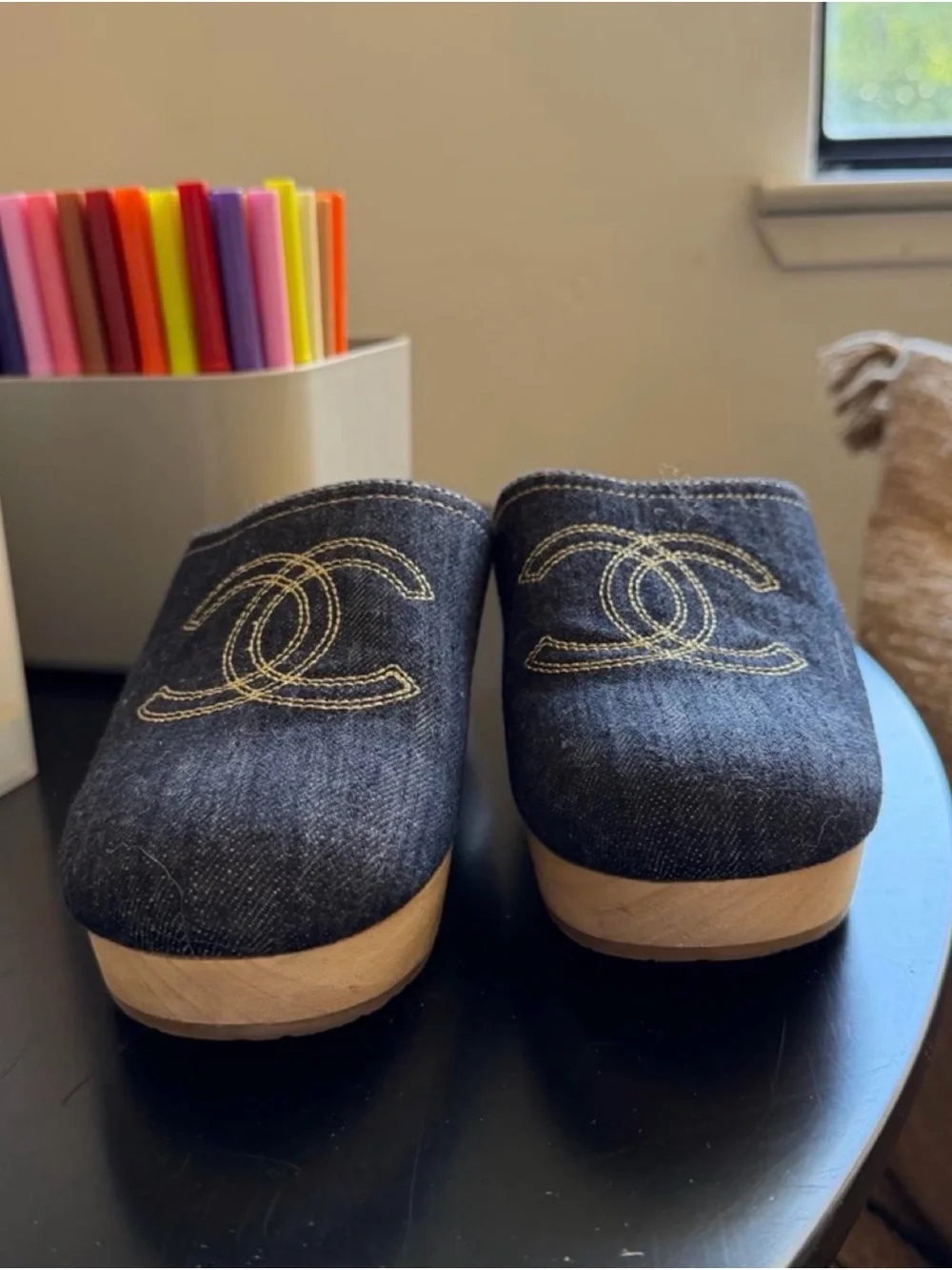 CHANEL Black Denim Logo Slip-On Mules